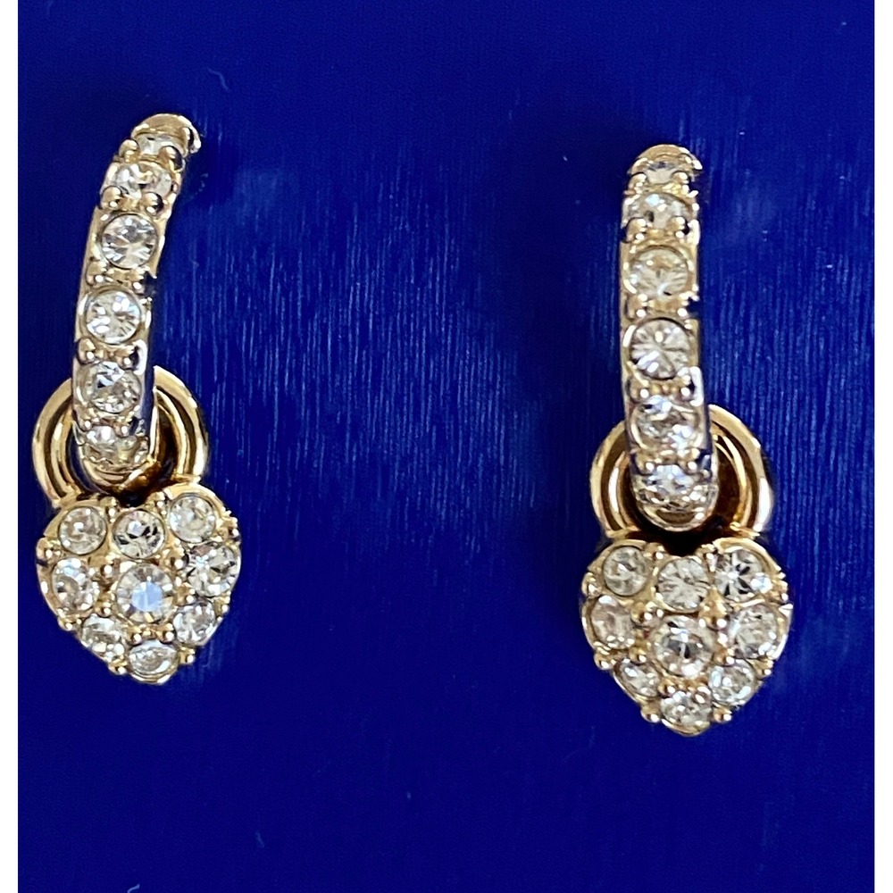 Swarovski Gold Heart Drop Earrings Crystal Pave Huggie Hoop Dangle - Picture 13 of 14